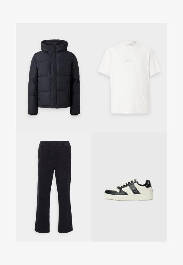 Čierna prešívaná bunda s kapucňou, s uzatváraním na zips, prešívaným dizajnom a elastickými manžetami pre teplo a pohodlie.; Biela bavlnená tričko s okrúhlym výstrihom, krátkymi rukávmi a malým potlačeným logom vpredu. Hladká textúra a voľný strih.; Čierne kordové nohavice s elastickým pásom, rovný strih a viditeľná ryhovaná textura. Neobsahujú žiadne ďalšie hardvérové prvky ani akcenty.; Kožené tenisky v čierno-krémovej farbe, s perforovanými akcentmi, polstrovaným golierom a štruktúrovanou podrážkou.