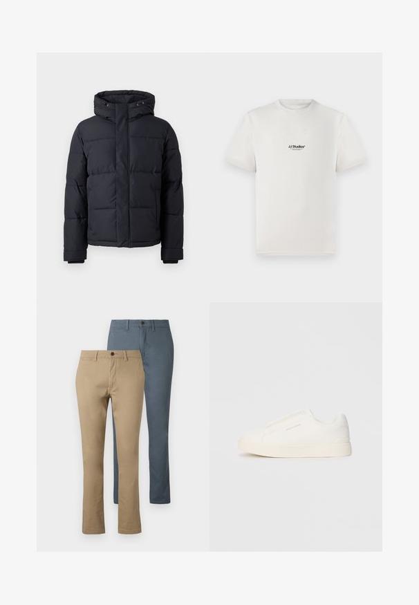 Casaco puffer preto com capuz, apresentando fecho com zíper, design acolchoado e punhos elásticos para conforto e aquecimento.; T-shirt de algodão branca com mangas curtas, apresentando um logótipo preto "JJ Studios" no peito. Design de gola redonda e ajuste padrão.; Dois pares de calças de perna reta: um em caqui e outro em azul escuro. Feitas de algodão; possuem um cós e fecho de botão.; Sapatilhas brancas de atacar com uma superfície texturizada, sola grossa e design minimalista. Possui o logo da marca na lateral.