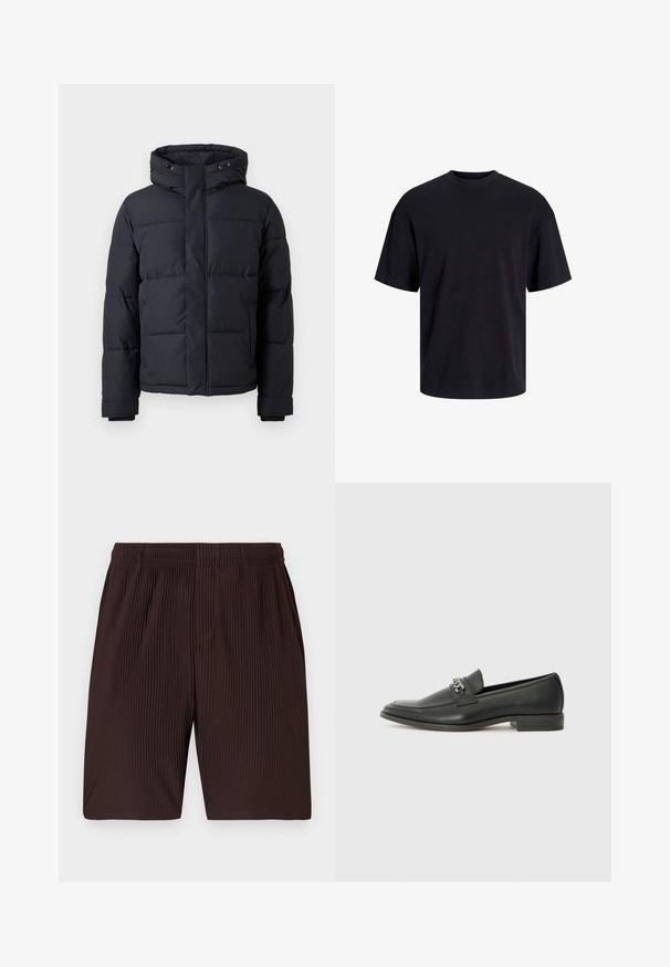 Doudoune noire avec capuche, dotée d'une fermeture éclair, au design matelassé et avec des poignets élastiques pour chaleur et confort.; T-shirt en coton noir avec un col ras du cou, des manches courtes et une coupe décontractée. Texture lisse sans motifs ni accents visibles.; Shorts plissés marron avec une taille élastique et des poches, fabriqués en tissu léger. L'ourlet arrive juste au-dessus du genou.; Mocassin en cuir noir avec une finition lisse, présentant un design cousu et une accent décoratif en chaîne métallique sur le rand. Talon plat.