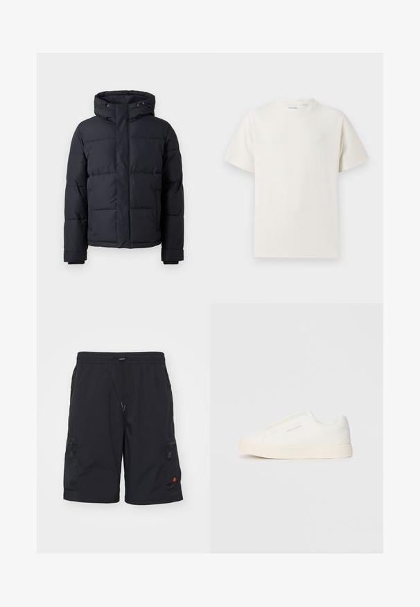 Zwarte pufferjas met capuchon, met een ritsluiting, gewatteerd ontwerp en elastische manchetten voor warmte en comfort.; Witte korte mouwen T-shirt met ribbelstructuur. Ronde hals, ontspannen pasvorm, geen zichtbare patronen of accenten. Eenvoudig en veelzijdig ontwerp.; Zwarte cargoshorts van lichtgewicht stof met een elastische tailleband met trekkoord, zijzakken met rits en een klein logo op het linkerpijp.; Witte instap sneakers met een gestructureerd oppervlak, een dikke zool en een minimalistisch ontwerp. Bevat het merklogo aan de zijkant.