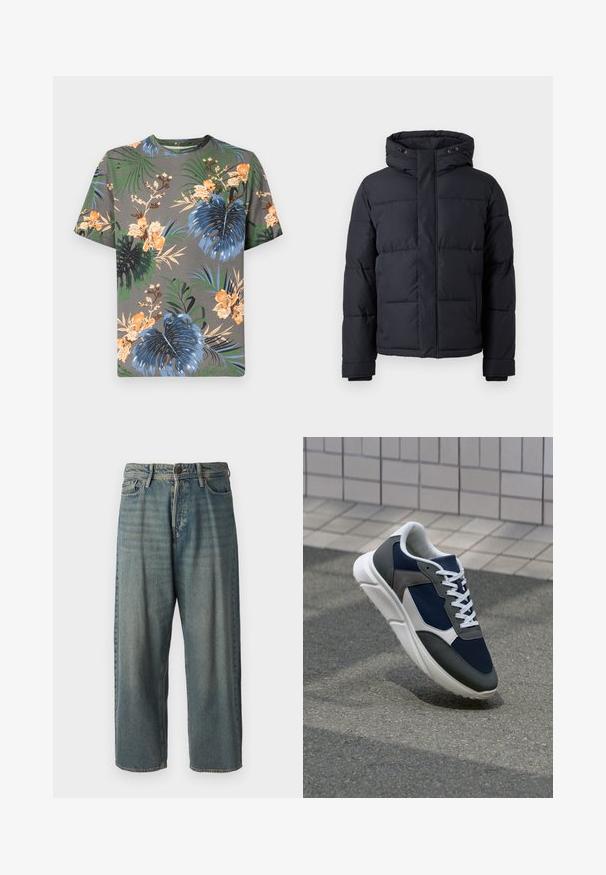 Μαύρο φουσκωτό μπουφάν με κουκούλα, που διαθέτει κλείσιμο με φερμουάρ, σταυρωτή σχεδίαση και ελαστικές μανσέτες για ζεστασιά και άνεση.; T-shirt κοντό μανίκι από γκρι βαμβάκι με τροπικά λουλούδια σε πορτοκαλί, μπλε, πράσινο και μπεζ, με διάφορα μοτίβα φυλλώματος.; Ανοιχτό μπλε τζιν παντελόνι με χαλαρή γραμμή, μέση μέσου ύψους και ευθείες γραμμές. Περιλαμβάνει πέντε τσέπες, θηλιές ζώνης και κούμπωμα με κουμπί.; Αθλητικά παπούτσια με επάνω μέρος από ναυτικό μπλε διχτυωτό ύφασμα, γκρι σουέτ λεπτομέρειες, λευκή καουτσούκ σόλα και επίπεδα λευκά κορδόνια, σχεδιασμένα για άνεση και αερισμό.