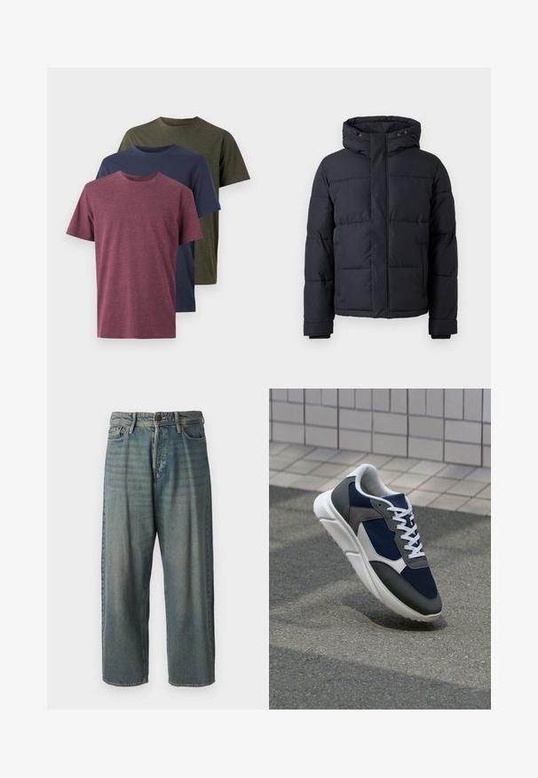 Casaco puffer preto com capuz, apresentando fecho com zíper, design acolchoado e punhos elásticos para conforto e aquecimento.; Três t-shirts de algodão exibidas: bordeaux, azul-marinho e verde oliva. Design de gola redonda, mangas curtas e um acabamento suave e texturizado.; Jeans de ganga azul claro com um corte solto, cintura média e pernas retas. Apresenta cinco bolsos, passadores de cinto e fecho com botão.; Sapatilha com parte superior em malha azul-marinho, detalhes em camurça cinza, sola de borracha branca e atacadores brancos planos, projetada para conforto e respirabilidade.