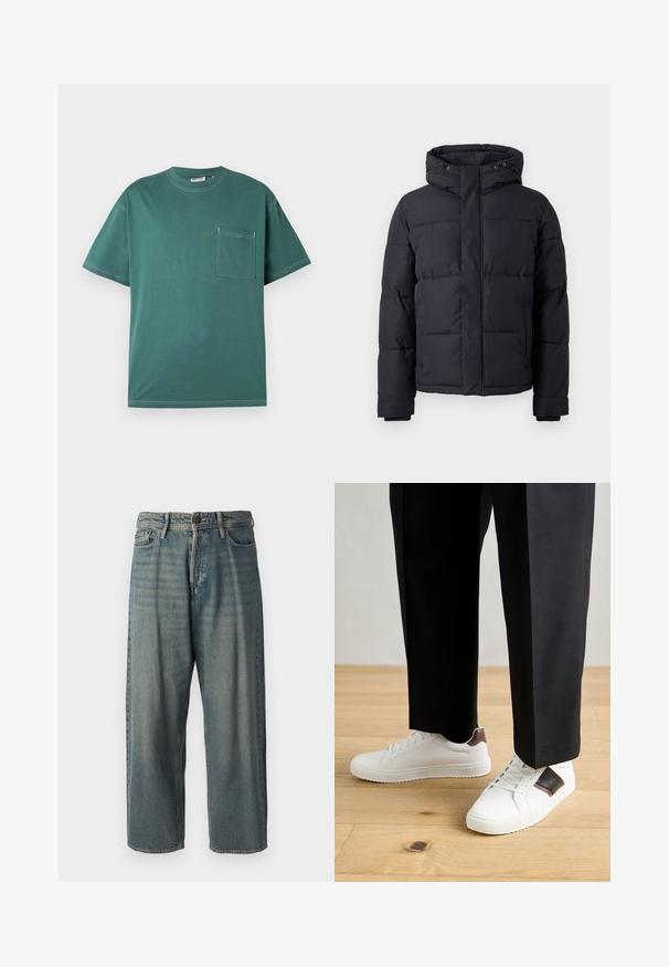 Must rõngasjakke, millel on kapuuts, lukuga kinnitamine, tikandmuster ja elastsed mansetid sooja ja mugavuse tagamiseks.; Taelev roheline lühikeste varrukatega T-särk valgete õmblustega ja vasakpoolse rinna taskuga, esitlemas lihtsal valgel taustal.; Heledad sinine denim-stiilis teksad, volüümse lõike, keskmise kõrgusega talje ja sirgete säärega. Omab viit taskut, vöökumme ja nööpide sulgemist.; Valged sneakersid siledat tekstuurist, millel on pruunad nahast detailid ja mustad aksessuaarid, millele on sobitatud mustad kohandatud püksid. Puitpõranda taust.