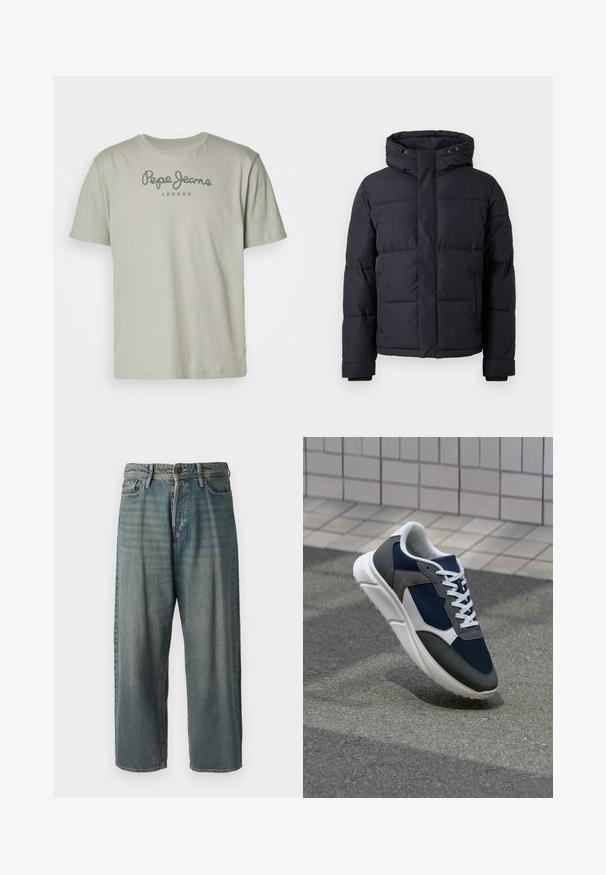 Melnā pūkļa jaka ar kapuci, ar rāvējslēdzēju, ar siltinātu dizainu un elastīgām piedurknēm siltumam un komfortam.; Pepe Jeans EGGO - Apdrukāts T-krekls - palm green; Gaiši zili džinsi ar brīvu piegriezumu, vidējo jostas augstumu un taisnām kājām. Satur piecas kabatas, jostas cilpas un pogu aizdari.; Sporta apavi ar tumši zilas krāsas tīkla augšdaļu, pelēku zamšādas akcentiem, baltu gumijas zoli un plakaniem baltiem šņorēm, kas izstrādāti komfortam un elpojamībai.