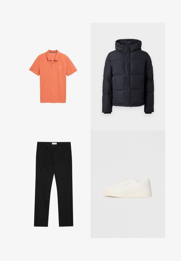 Černá péřová bunda s kapucí, vybavená zipem, prošívaným designem a elastickými manžetami pro teplo a pohodlí.; Pánská polokošile s krátkým rukávem v oranžové barvě vyrobená z měkké bavlny. Má pruhovaný límec se dvěma knoflíky, decentní logo na hrudi a rovný lem.; Černé rovné džíny s pěti kapsami, zapínání na knoflík a zip, a štítek značky Pier One na pase.; Bílé slip-on tenisky s texturovaným povrchem, silnou podešví a minimalistickým designem. Na boku je umístěno logo značky.
