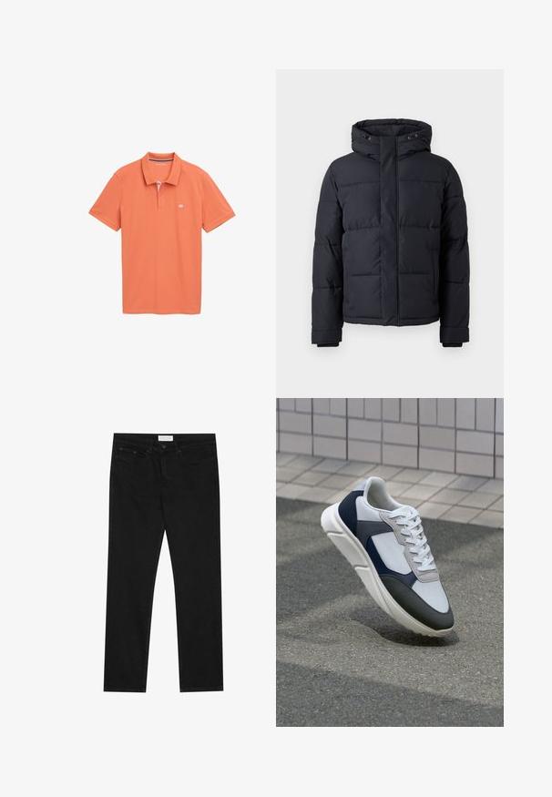 Černá péřová bunda s kapucí, vybavená zipem, prošívaným designem a elastickými manžetami pro teplo a pohodlí.; Pánská polokošile s krátkým rukávem v oranžové barvě vyrobená z měkké bavlny. Má pruhovaný límec se dvěma knoflíky, decentní logo na hrudi a rovný lem.; Černé rovné džíny s pěti kapsami, zapínání na knoflík a zip, a štítek značky Pier One na pase.; Bílé, námořnické a šedé tenisky s kombinovaným materiálovým designem, který zahrnuje texturovaný svršek, ploché šňůrky a polstrovanou podešev.