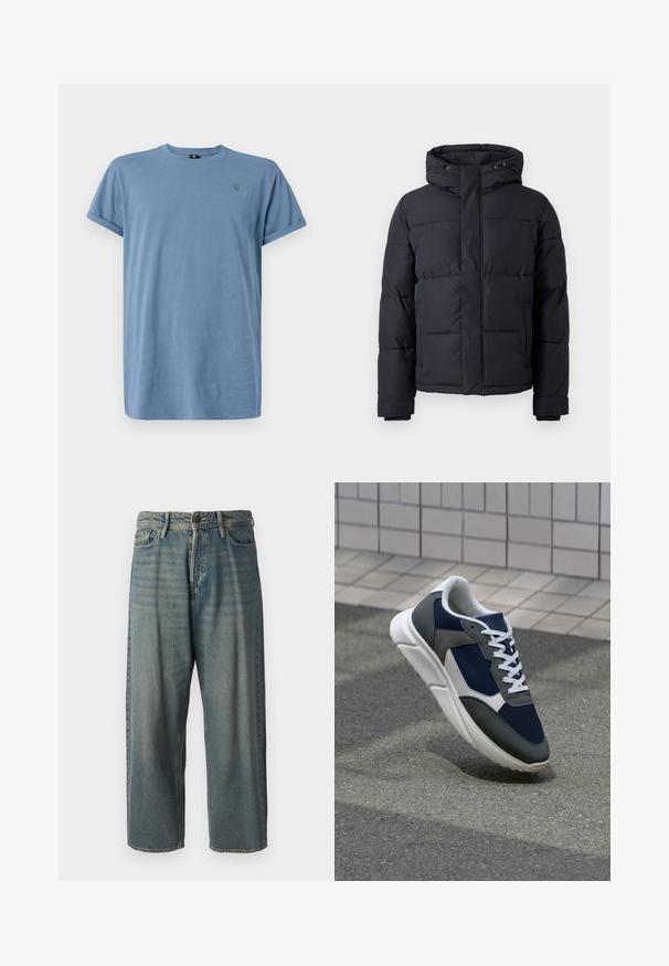 Juodas pūkinis švarkas su gobtuvu, su užtrauktuku, su siuvinėtu dizainu ir elastingomis rankogalių juostomis šilumai ir komfortui.; G-STAR LASH - Paprasti marškinėliai - avio; Šviesiai mėlyni džinsai su laisvu siluetu, vidutinio aukščio juosmeniu ir tiesiomis kojomis. Su penkiais kišenėmis, diržo kilpo ir mygtukų uždarymu.; Sportiniai bateliai su tamsiai mėlynu tinkliniu viršumi, pilkais zomšiniais akcentais, balta guma padanga ir plokščiomis baltomis raištelėmis, sukurti komfortui ir oro pralaidumui.