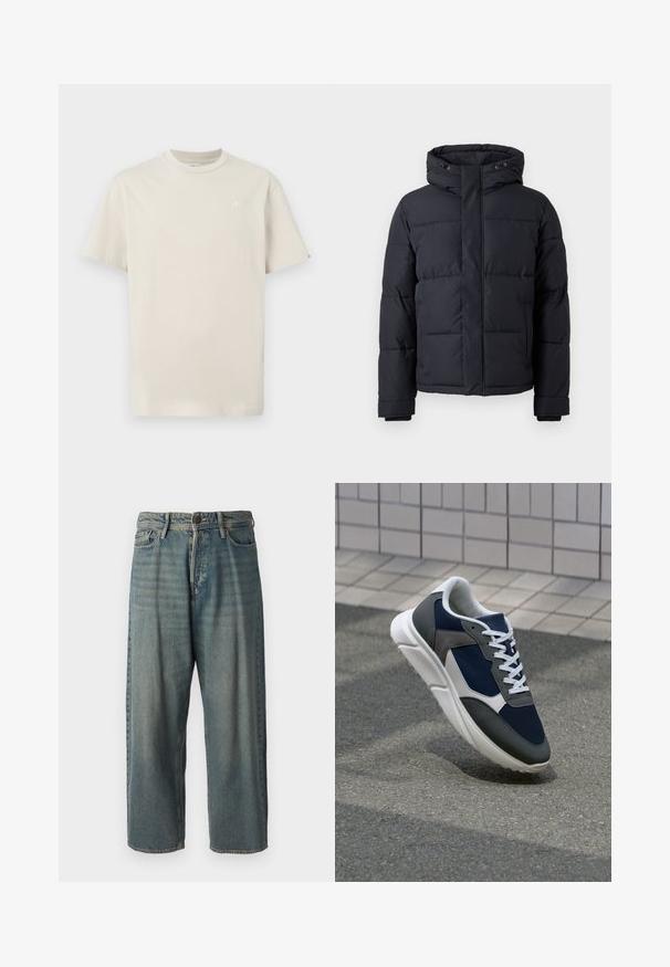 Melnā pūkļa jaka ar kapuci, ar rāvējslēdzēju, ar siltinātu dizainu un elastīgām piedurknēm siltumam un komfortam.; Gaiši bež kokvilnas T-krekls ar apaļu kakla izgriezumu, īsām piedurknēm un mazu izšūtu logotipu uz krūtīm. Vienkāršs, regulāras piegriezuma dizains.; Gaiši zili džinsi ar brīvu piegriezumu, vidējo jostas augstumu un taisnām kājām. Satur piecas kabatas, jostas cilpas un pogu aizdari.; Sporta apavi ar tumši zilas krāsas tīkla augšdaļu, pelēku zamšādas akcentiem, baltu gumijas zoli un plakaniem baltiem šņorēm, kas izstrādāti komfortam un elpojamībai.