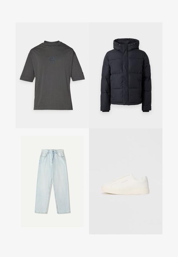 Crna puf jakna s kapuljačom, s patentnim zatvaračem, kockastim dizajnom i elastičnim rukavima za toplinu i udobnost.; Siva majica kratkih rukava od pamuka s diskretnim plavim logotipom bika izvezenim na prsima i okruglim izrezom.; Svijetloplave traperice s opuštenim krojem, ravnim nogavicama, pet džepova i suptilnim izbljeđivanjem na tkanini.; Bijele slip-on tenisice s teksturiranom površinom, debelim đonom i minimalističkim dizajnom. Sadrže logo branda sa strane.
