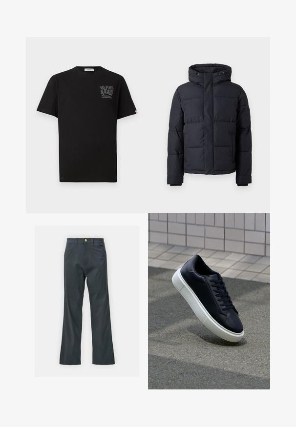 Casaco puffer preto com capuz, apresentando fecho com zíper, design acolchoado e punhos elásticos para conforto e aquecimento.; T-shirt preto em algodão com mangas curtas, decote redondo e impressão gráfica em cinza na parte frontal. Apresenta uma pequena etiqueta da marca na lateral.; Calças pretas com corte reto, feitas de um tecido em mistura de algodão. Apresenta um fecho com botão metálico e bolsos laterais. Sem padrões visíveis.; Sapatilha de couro preto com bico arredondado e sola de borracha branca. Apresenta atacadores planos e costuras mínimas na parte superior. Sola texturizada para melhor aderência.