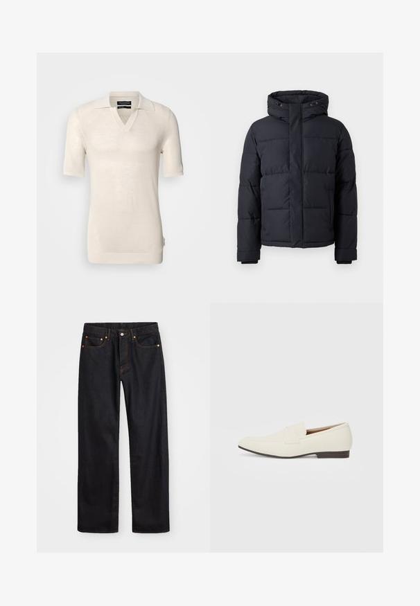 Jachetă puffer neagră cu glugă, dotată cu închidere cu fermoar, design matlasat și manșete elastice pentru căldură și confort.; Pulover scurt cu mânecă scurtă, de culoare bej deschis, cu decolteu în V și guler plat. Fabricat dintr-un material tricotat texturat, având un model subtil și etichetă pe lateral.; Jeans negri din denim pentru bărbați, cu croială dreaptă, cinci buzunare și cusături portocalii, închidere cu nasture și fermoar pe talie.; Loafers bej cu un vârf ascuțit, dintr-un material neted, cu o bandă peste vamp și o talpă joasă maro. Design simplu cu accente minime.