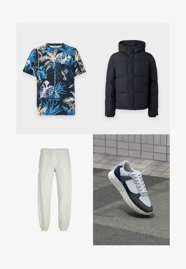 Čierna prešívaná bunda s kapucňou, s uzatváraním na zips, prešívaným dizajnom a elastickými manžetami pre teplo a pohodlie.; Dynamická bavlnená tričko s krátkym rukávom má námornícku modrú farbu so žiarivými modrými a bielymi potlačami palmových listov a vtákov. Má okrúhly výstrih a voľný strih.; Biele teplákové nohavice vyrobené z mäkkej textílie, s elastickým pásom a manžetami, s hladkým povrchom a voľným strihom.; Biele, námornícke a šedé tenisky s kombinovaným materiálom, so štruktúrovaným zvrškom, plochými šnúrkami a polstrovanou podošvou.
