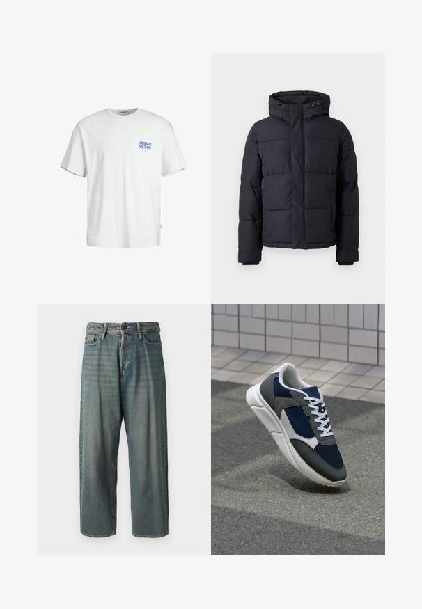 Czarna kurtka puchowa z kapturem, z zamek błyskawicznym, pikowanym wzorem oraz elastycznymi mankietami, zapewniająca ciepło i komfort.; Biała bawełniana koszulka z luźnym krojem, z niebieskim napisem "ORIGINALS SINCE 1990" na lewej piersi i wplecioną metką z boku.; Jasnoniebieskie dżinsy o luźnym kroju, średnim stanie i prostych nogawkach. Posiadają pięć kieszeni, szlufki na pasek oraz zapięcie na guzik.; Sneakers z granatową siateczkową cholewką, szarymi zamszowymi akcentami, białą gumową podeszwą i płaskimi białymi sznurówkami, zaprojektowane z myślą o komforcie i wentylacji.