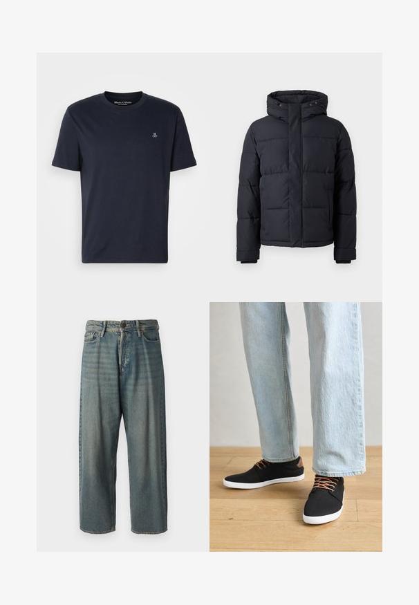 Jachetă puffer neagră cu glugă, dotată cu închidere cu fermoar, design matlasat și manșete elastice pentru căldură și confort.; Tricou din bumbac de culoare albastru marin, cu mâneci scurte, decolteu rotund și un mic logo brodat pe piept. Textură netedă, design casual.; Jeans din denim bleu deschis, cu o croială lejeră, talie medie și picioare drepte. Au cinci buzunare, bucle pentru curea și închidere cu nasture.; Tenisi negri din pânză cu accente maro, talpă din cauciuc alb și șireturi maro, asortați cu blugi drepti de culoare albastră deschisă. Fundal din lemn.