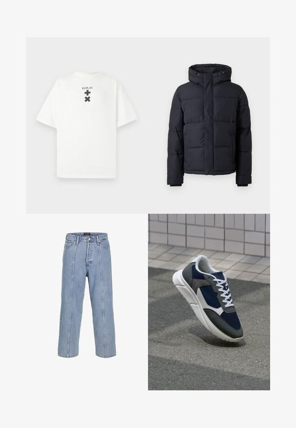 Mustat puhvitakki, jossa on huppu, vetoketjukiinnitys, tilkkutäkkimuotoilu ja joustavat hihansuut lämpöä ja mukavuutta varten.; Valkoinen puuvillainen T-paita lyhyillä hihoilla, jossa on musta "REPLAY"-logo ja graafiset symbolit logoa alla keskellä edessä.; Vaaleansiniset farkut, joissa on löysä istuvuus, leveät lahkeet ja näkyvät ompelu részletek. Sisältää napin ja vetoketjun sulkemisen, viisi taskua.; Kengät, joissa on tummansininen verkkopäällinen, harmaat mokka-yksityiskohdat, valkoinen kumipohja ja litteät valkoiset nauhat, suunniteltu mukavuutta ja hengittävyyttä varten.