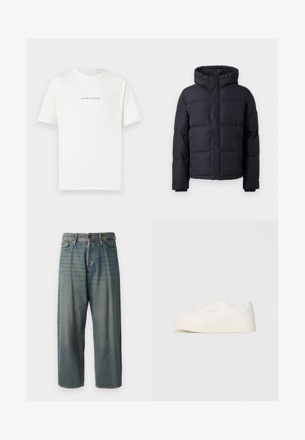 Must rõngasjakke, millel on kapuuts, lukuga kinnitamine, tikandmuster ja elastsed mansetid sooja ja mugavuse tagamiseks.; Valge puuvillane T-särk lühikeste varrukatega ja ümar kaelus. Keskel on tekst "TERE TULEMA PARADISSE" kaardus rohelises fondis.; Heledad sinine denim-stiilis teksad, volüümse lõike, keskmise kõrgusega talje ja sirgete säärega. Omab viit taskut, vöökumme ja nööpide sulgemist.; Valged libisemiskindlad tossud tekstuuriga pinnaga, paksu tallaga ja minimalistikus disainis. Küljel on brändi logo.