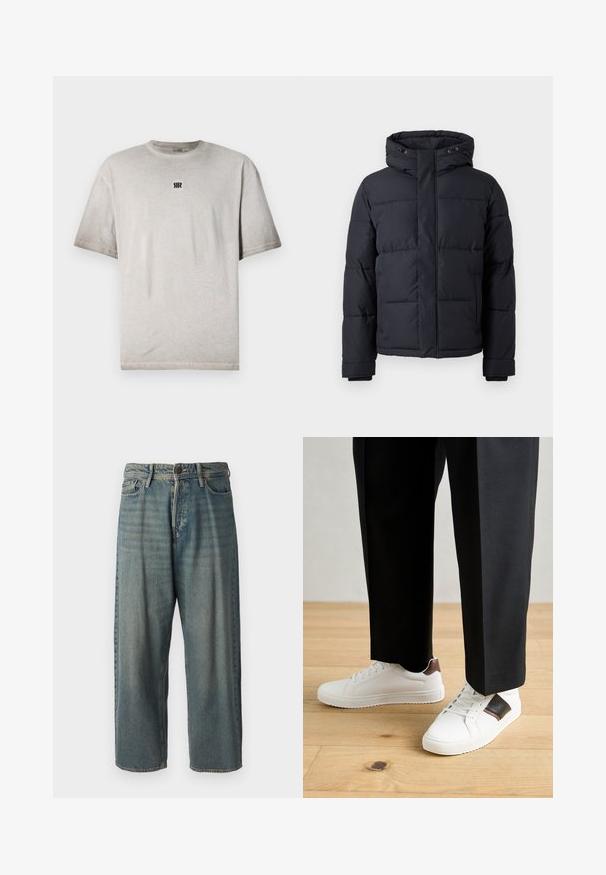 Black puffer jacket with a hood, featuring a zip closure, quilted design, and elastic cuffs for warmth and comfort.; Gray cotton t-shirt with a round neck, short sleeves, and a small black logo on the chest. Smooth texture, relaxed fit, and minimal design.; Light blue denim jeans with a loose fit, mid-rise waist, and straight legs. Features five pockets, belt loops, and a button closure.; White sneakers with smooth texture, featuring brown leather accents and black detailing, paired with black tailored pants. Wooden floor background.