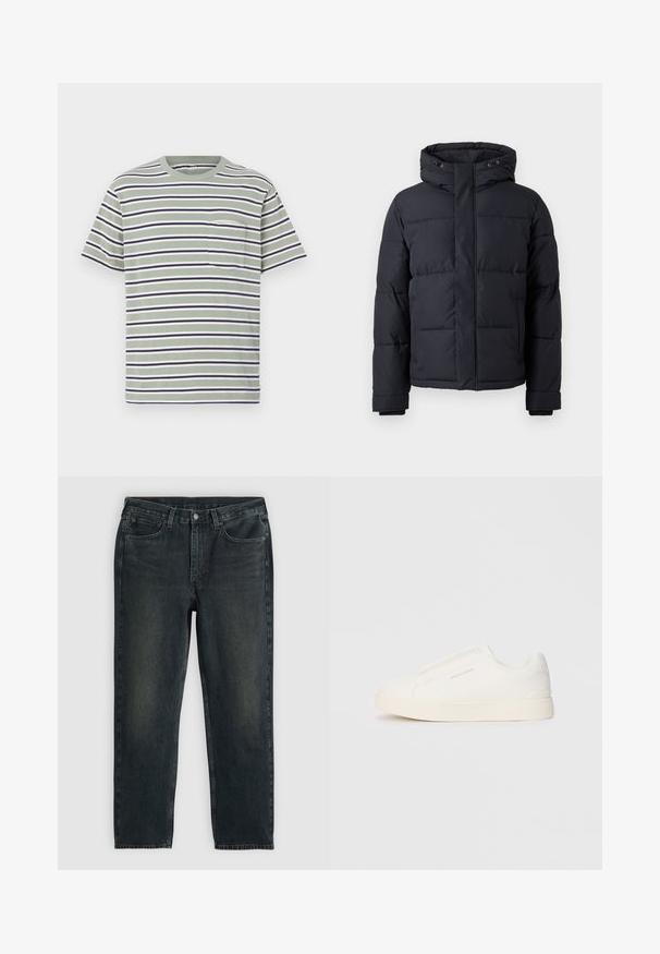 Melnā pūkļa jaka ar kapuci, ar rāvējslēdzēju, ar siltinātu dizainu un elastīgām piedurknēm siltumam un komfortam.; Zaļš svītrains īssleeve T-krekls ar baltām, tumši ziliem un melniem svītrām; tam ir krūšu kabata un apaļa izgriezuma kakla daļa. Izgatavots no kokvilnas materiāla.; Tumši zili džinsi ar taisnu kāju griezumu, ar piecām kabatām, rāvējslēdzēju un kontrastējošām diegvīlēm. Auduma viegla izbalēšana.; Baltas slip-on sporta apavi ar teksturētu virsmu, biezu zoli un minimālistisku dizainu. Sānos redzams zīmola logotips.