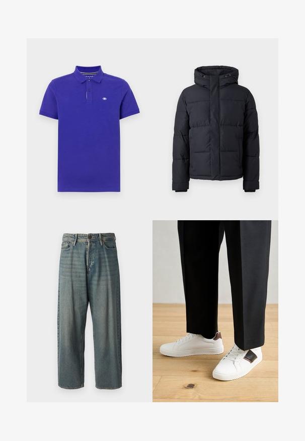 Čierna prešívaná bunda s kapucňou, s uzatváraním na zips, prešívaným dizajnom a elastickými manžetami pre teplo a pohodlie.; Polo tričko v tmavo fialovej bavlne, s dvojitým gombíkovým zapínaním, krátkymi rukávmi a malým logom na ľavej hrudi. Mäkšia textúra.; Svetlomodré denimové nohavice so voľným strihom, stredne vysokým pásom a rovnými nohavicami. Obsahujú päť vreciek, pútka na opasok a zapínanie na gombík.; Biele tenisky s hladkým povrchom, s hnedými koženými akcentmi a čiernymi detailmi, spárované s čiernymi elegantnými nohavicami. Pozadím je drevená podlaha.