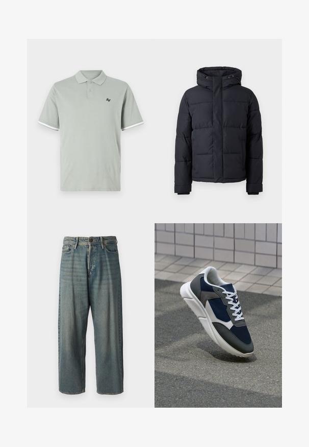 Čierna prešívaná bunda s kapucňou, s uzatváraním na zips, prešívaným dizajnom a elastickými manžetami pre teplo a pohodlie.; Svetlozelená polo košeľa z jemného bavlneného materiálu, s klasickým golierom, dvoma gombíkmi a bielymi prúžkovými akcentmi na rukávoch. Malý čierny detail loga.; Svetlomodré denimové nohavice so voľným strihom, stredne vysokým pásom a rovnými nohavicami. Obsahujú päť vreciek, pútka na opasok a zapínanie na gombík.; Tenisky s sieťovinou v námorníckej modrej farbe, so sivými semišovými detailmi, bielou gumovou podrážkou a plochými bielymi šnúrkami, navrhnuté pre pohodlie a priedušnosť.