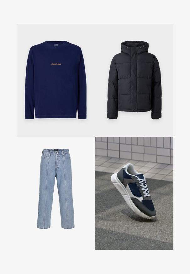 Fekete puffdzseki kapucnival, cipzárral, tűzött mintázattal és rugalmas mandzsettákkal a kényelem és melegség érdekében.; Tengerészkék, hosszú ujjú póló, arany hímzéssel az "Originals Studio" felirattal a mellkason, egyszerű fehér háttérrel.; Világoskék farmernadrág laza fitte, széles szárakkal és látható varrási részletekkel. Gombos és cipzáras záródással, öt zsebével rendelkezik.; Cipő, amelynek sötétkék hálós felsőrésze, szürke velúr díszítései, fehér gumitalpa és lapos fehér fűzője van, a kényelem és a légáteresztő képesség érdekében tervezve.