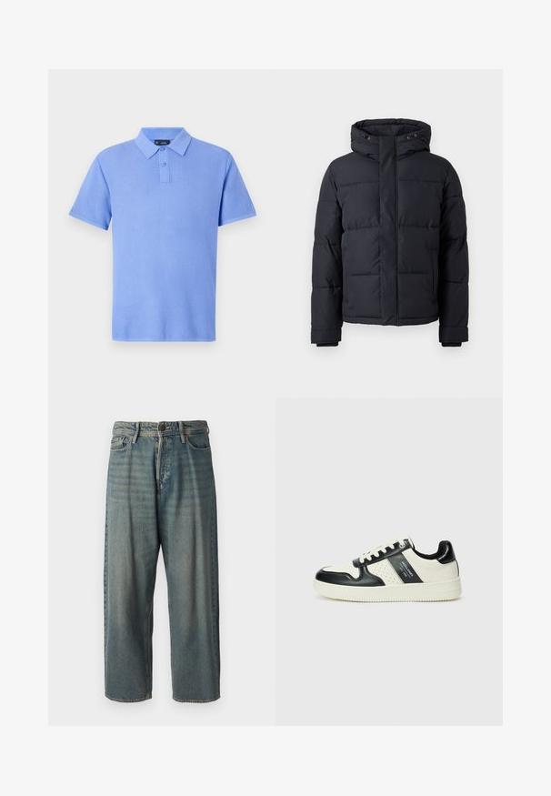 Czarna kurtka puchowa z kapturem, z zamek błyskawicznym, pikowanym wzorem oraz elastycznymi mankietami, zapewniająca ciepło i komfort.; Koszulka polo w jasnoniebieskim kolorze, z krótkimi rękawami, z teksturowanej dzianiny, z trzema guzikami, kołnierzykiem i bez dodatkowych wzorów ani akcentów.; Jasnoniebieskie dżinsy o luźnym kroju, średnim stanie i prostych nogawkach. Posiadają pięć kieszeni, szlufki na pasek oraz zapięcie na guzik.; Skórzane sneakersy w czarno-kremowym schemacie kolorystycznym, z perforowanymi akcentami, wyściełanym kołnierzem i teksturowaną podeszwą.
