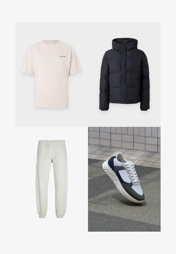 Čierna prešívaná bunda s kapucňou, s uzatváraním na zips, prešívaným dizajnom a elastickými manžetami pre teplo a pohodlie.; Svetlo béžové bavlnené tričko s krátkymi rukávmi a okrúhlym výstrihom, s malým čiernym logom "Club1990" na ľavej hrudi.; Biele teplákové nohavice vyrobené z mäkkej textílie, s elastickým pásom a manžetami, s hladkým povrchom a voľným strihom.; Biele, námornícke a šedé tenisky s kombinovaným materiálom, so štruktúrovaným zvrškom, plochými šnúrkami a polstrovanou podošvou.