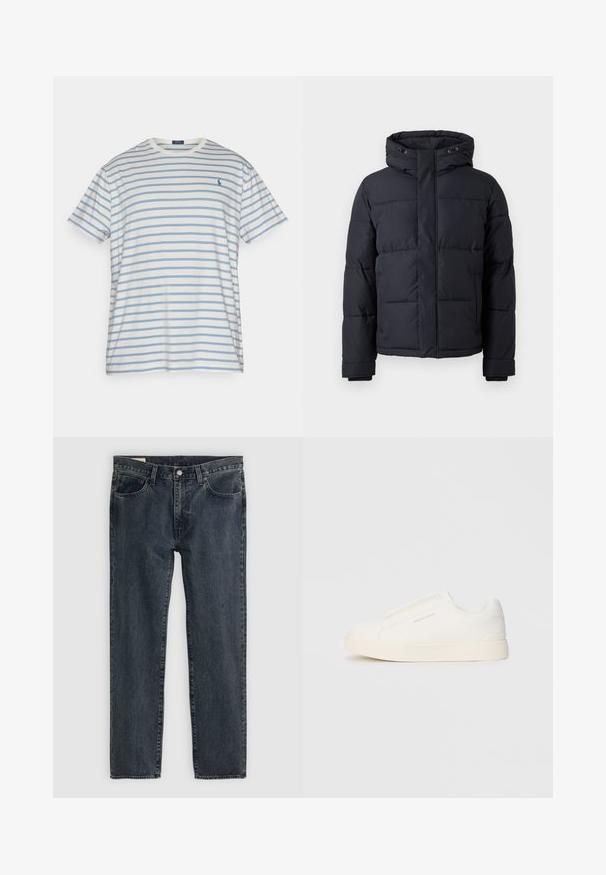 Juodas pūkinis švarkas su gobtuvu, su užtrauktuku, su siuvinėtu dizainu ir elastingomis rankogalių juostomis šilumai ir komfortui.; Polo Ralph Lauren Big & Tall STRIPED JERSEY CREWNECK T-SHIRT - Marškinėliai su spaudiniu - nevis/vessel blue; Tamsiai mėlynos džinsinės kelnės su tiesioginiu kirpimu, penkiais kišenėmis ir mygtukų uždarymu. Audinys rodo subtilų išblukimą ir tekstūrą.; Baltos slip-on sportbačiai su tekstūruota paviršiumi, storesniu padu ir minimalistišku dizainu. Šone matosi prekės ženklo logotipas.