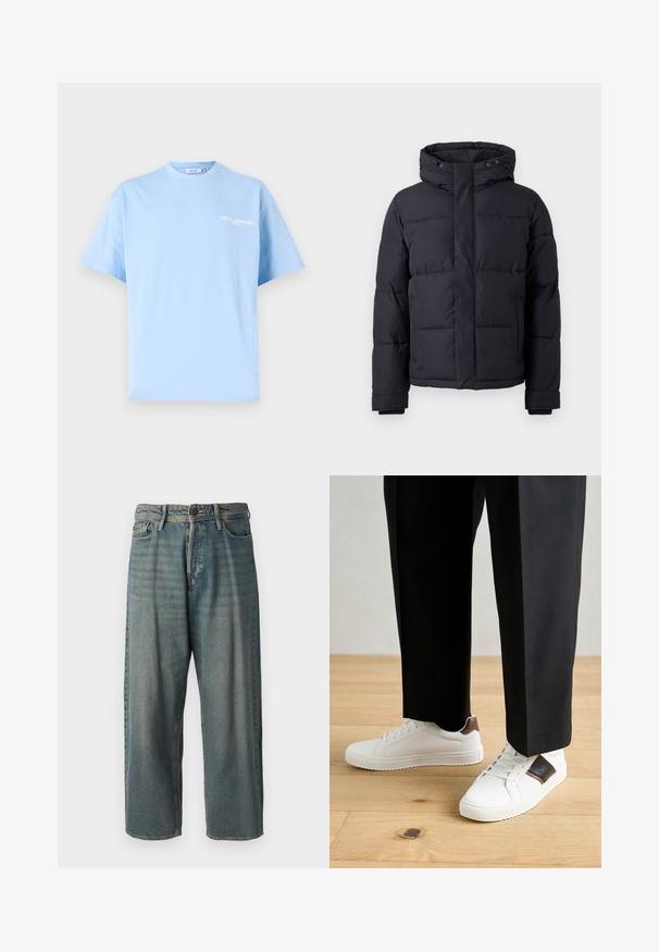 Must rõngasjakke, millel on kapuuts, lukuga kinnitamine, tikandmuster ja elastsed mansetid sooja ja mugavuse tagamiseks.; Hea sinine puuvillane T-särk lühikeste sleeves'itega, ümmarguse kaelusega ning valge tekst "LES CLASSIQUES" trükitud ees. Sile tekstuur, mugav lõige.; Heledad sinine denim-stiilis teksad, volüümse lõike, keskmise kõrgusega talje ja sirgete säärega. Omab viit taskut, vöökumme ja nööpide sulgemist.; Valged sneakersid siledat tekstuurist, millel on pruunad nahast detailid ja mustad aksessuaarid, millele on sobitatud mustad kohandatud püksid. Puitpõranda taust.
