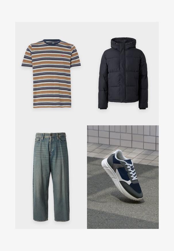 Mustat puhvitakki, jossa on huppu, vetoketjukiinnitys, tilkkutäkkimuotoilu ja joustavat hihansuut lämpöä ja mukavuutta varten.; Raidallinen t-paita lyhyillä hihoilla, jossa on vaakasuoria ruskeita, laivastonsinisiä, valkoisia ja sinisiä raitoja; puuvillamateriaali, pyöreä pääntie, pieni logo rinnassa.; Vaaleansiniset farkut, joissa on väljä istuvuus, keskikorkea vyötärö ja suorat lahkeet. Ominaisuuksiin kuuluvat viisi taskua, vyölenkit ja nappisulku.; Kengät, joissa on tummansininen verkkopäällinen, harmaat mokka-yksityiskohdat, valkoinen kumipohja ja litteät valkoiset nauhat, suunniteltu mukavuutta ja hengittävyyttä varten.