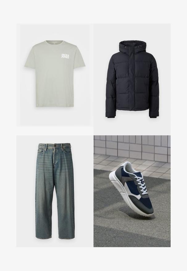 Črna puhasta jakna s kapuco, z zadrgo, kvadraticnim dizajnom in elastičnimi manšetami za toploto in udobje.; Majica s kratkimi rokavi iz svetlo zelenega bombaža s krožnim izrezom in belim logotipom "JACK & JONES" tiskanim na levem prsnem delu.; Svetlomoderne kavbojke z ohlapnim krojem, srednjim pasom in ravnimi nogami. Imajo pet žepov, zanke za pas in zapiranje na gumb.; Superge z zgornjim delom iz mrežaste tkanine v mornarsko modri barvi, sivi usnjeni poudarki, belo gumijasto podplato in ravnimi belimi vezalkami, zasnovane za udobje in zračnost.