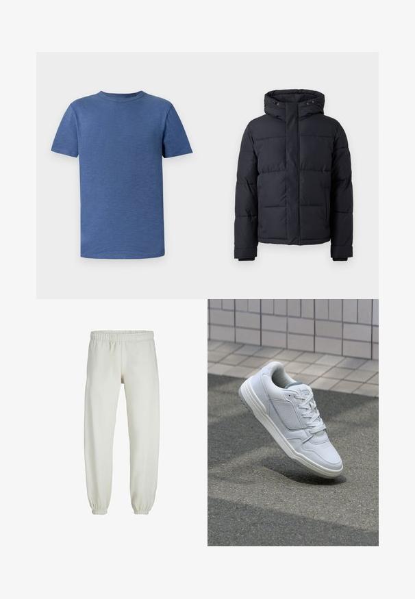 Černá péřová bunda s kapucí, vybavená zipem, prošívaným designem a elastickými manžetami pro teplo a pohodlí.; Modré tričko s krátkým rukávem vyrobené z texturované tkaniny. Má klasický kulatý výstřih a uvolněný střih, bez viditelných vzorů nebo akcentů.; Bílé tepláky vyrobené z měkkého materiálu, s elastickým pasem a manžetami, s hladkou texturou a volným střihem.; Bílé kožené tenisky s perforovanými stranami, texturovanými detaily, plochými tkaničkami a kontrastní šedou patou. Mají mírně zvýšenou podrážku.