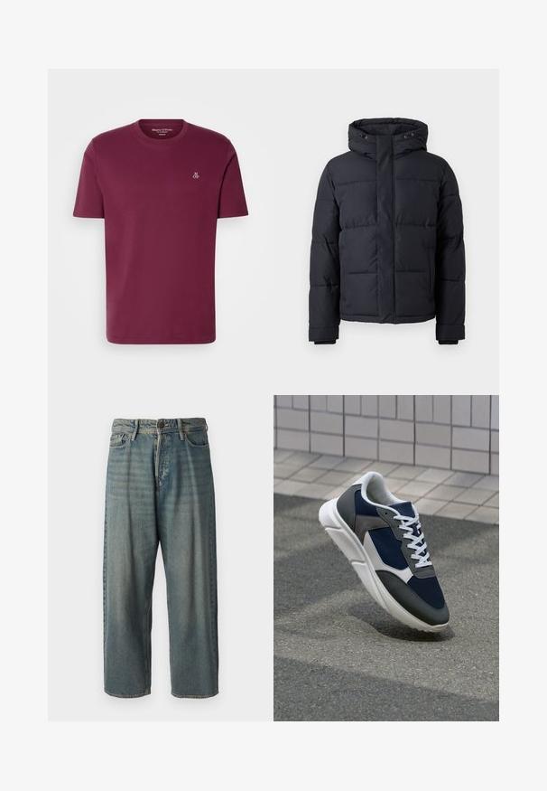 Casaco puffer preto com capuz, apresentando fecho com zíper, design acolchoado e punhos elásticos para conforto e aquecimento.; T-shirt de algodão bordeaux com gola redonda, mangas curtas e um pequeno logotipo branco "M OP" no peito. Textura suave e ajuste regular.; Jeans de ganga azul claro com um corte solto, cintura média e pernas retas. Apresenta cinco bolsos, passadores de cinto e fecho com botão.; Sapatilha com parte superior em malha azul-marinho, detalhes em camurça cinza, sola de borracha branca e atacadores brancos planos, projetada para conforto e respirabilidade.