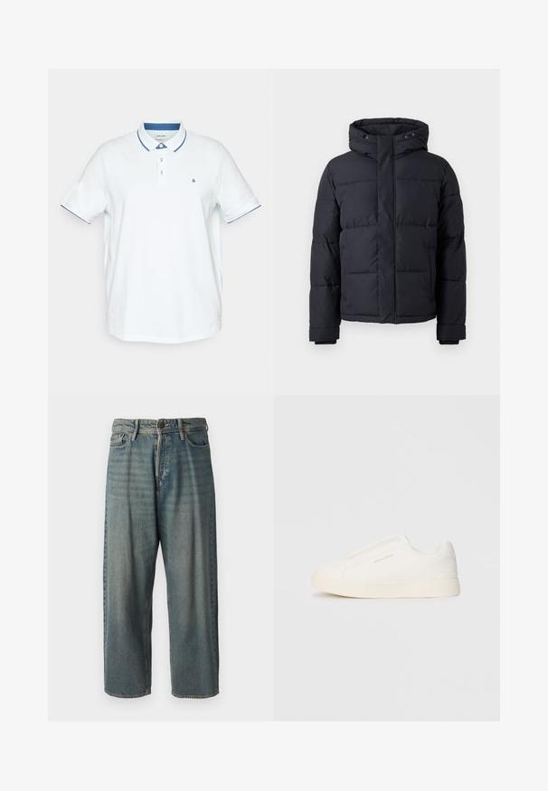 Črna puhasta jakna s kapuco, z zadrgo, kvadraticnim dizajnom in elastičnimi manšetami za toploto in udobje.; Jack & Jones JJEPAULOS SS NOOS PLS - Polo majica - soothing sea; Svetlomoderne kavbojke z ohlapnim krojem, srednjim pasom in ravnimi nogami. Imajo pet žepov, zanke za pas in zapiranje na gumb.; Bele zapete brez vezalk z teksturirano površino, debelim podplatom in minimalističnim dizajnom. Na strani se nahaja logotip blagovne znamke.