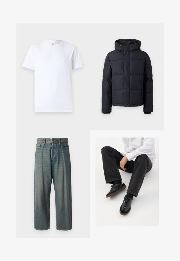 Crna puf jakna s kapuljačom, s patentnim zatvaračem, kockastim dizajnom i elastičnim rukavima za toplinu i udobnost.; Bijela pamučna majica s okruglim izrezom i kratkim rukavima. Jednostavan dizajn bez uzoraka ili grafika, s GAP brendingom na ovratniku.; Svijetloplave traperice s širokim krojem, srednjim pojasom i ravnim nogavicama. Ima pet džepova, petlje za remen i kopčanje na gumb.; Crne tenisice s glatkim i teksturiranim gornjim dijelom, koje imaju gumeni potplat i tamne vezice. Uparene s crnim trapericama i bijelom košuljom s prugama.