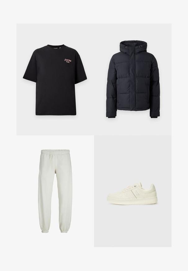 Melnā pūkļa jaka ar kapuci, ar rāvējslēdzēju, ar siltinātu dizainu un elastīgām piedurknēm siltumam un komfortam.; Melnā kokvilnas T-kreklā ir brīvs piegriezums, īsas piedurknes un sarkans izšūts logo kreisajā krūšu daļā. Tam ir gluda tekstūra un apaļa kakla dizains.; Baltas treniņbikses, izgatavotas no mīkstas auduma, ar elastīgu jostu un piedurknēm, gluda tekstūra un brīva piegriezuma dizains.; Krēmbaltie sporta apavi ar perforētu detaļām, auklām un logotipu sānos, attēloti uz vienkārša baltā fona.