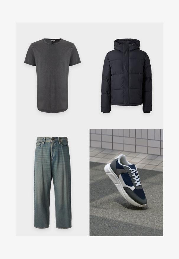 Casaco puffer preto com capuz, apresentando fecho com zíper, design acolchoado e punhos elásticos para conforto e aquecimento.; Camiseta cinza de manga curta com gola redonda, feita de tecido macio, apresentando uma bainha ligeiramente curvada e detalhes de costura visíveis.; Jeans de ganga azul claro com um corte solto, cintura média e pernas retas. Apresenta cinco bolsos, passadores de cinto e fecho com botão.; Sapatilha com parte superior em malha azul-marinho, detalhes em camurça cinza, sola de borracha branca e atacadores brancos planos, projetada para conforto e respirabilidade.