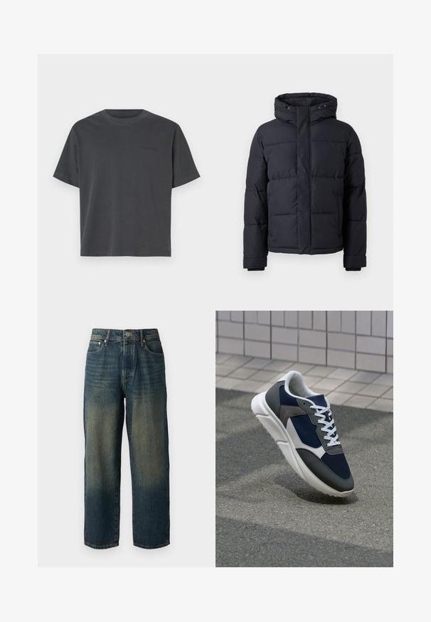 Must rõngasjakke, millel on kapuuts, lukuga kinnitamine, tikandmuster ja elastsed mansetid sooja ja mugavuse tagamiseks.; Tumehall puuvillane T-särk ümmarguse kaelusega, lühikeste varrukatega, otse alläärega ja diskreetse teksti detailiga rinnal.; Sinine denimpüksid sirge lõikega, millel on pleekinud disain heledama varjundiga alläärtes, viis taskut ja nööpidega sulgus.; Sneaker, mille sinine võrkkangas, hallid nubukdetailid, valge kummitald ja lamedad valged paelad, disainitud mugavuseks ja hingavuseks.