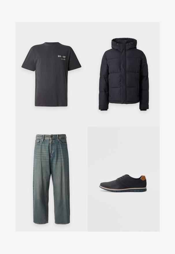 Must rõngasjakke, millel on kapuuts, lukuga kinnitamine, tikandmuster ja elastsed mansetid sooja ja mugavuse tagamiseks.; Tumehallist puuvillast T-särk, lühikeste varrukatega, ümar kaelus, millel on esiküljel valge tekst: "20 - 07" ja "MIAMI DAYS & NIGHTS".; Heledad sinine denim-stiilis teksad, volüümse lõike, keskmise kõrgusega talje ja sirgete säärega. Omab viit taskut, vöökumme ja nööpide sulgemist.; Mustavad sünteetilised jalatsid tekstureeritud pealsega, siledad aktsendid, pruun kand ja kontrastne tall. Omab minimaalset lukkude ja õmbluste dekoratsiooni.