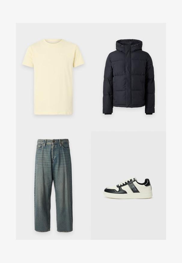 Crna puf jakna s kapuljačom, s patentnim zatvaračem, kockastim dizajnom i elastičnim rukavima za toplinu i udobnost.; Svijetložuta pamučna majica kratkih rukava s okruglim izrezom; sadrži mali bijeli logo na gornjem lijevom dijelu prsnog koša.; Svijetloplave traperice s širokim krojem, srednjim pojasom i ravnim nogavicama. Ima pet džepova, petlje za remen i kopčanje na gumb.; Kožne tenisice s crno-bijelom paletom boja, koje imaju perforirane akcentne detalje, podstavljeni ovratnik i teksturiranu potplat.