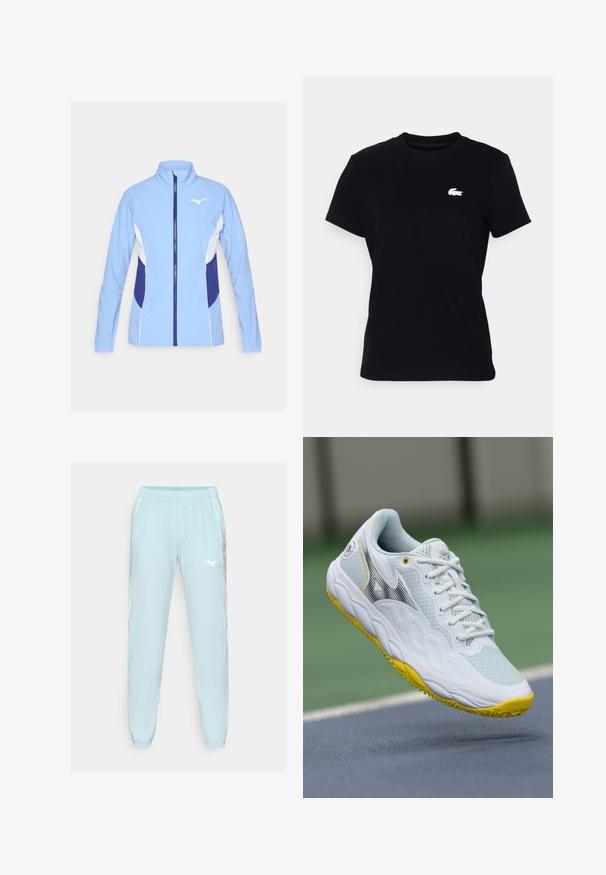 Lys blå treningsjakke med hvite og marineblå detaljer. Har hel glidelås, oppreist krage og lange ermer; glatt, lett stoff.; Svart bomull T-skjorte med korte ermer og rund hals, med en liten hvit Lacoste-logo plassert på venstre bryst.; Lyseblå treningbukser laget av glatt stoff, med elastisk midje, tapered ben og en hvit logo på venstre lår.; Hvite sportsko med et teksturert mesh-overdel, gule detaljer på sålen og et strømlinjeformet design med en svart logo.
