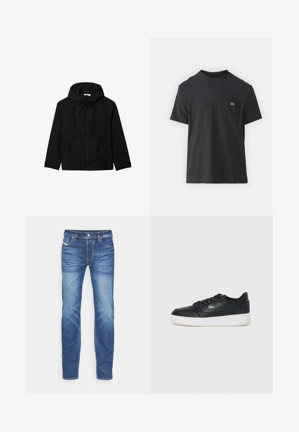 Chaqueta ligera negra con capucha, cremallera frontal, dos bolsillos frontales con solapa y un logo en el lado izquierdo. Textura suave.; Camiseta de algodón negra de manga corta, con cuello redondo y un pequeño logotipo verde en el bolsillo izquierdo del pecho. Diseño simple, ajuste regular.; Jeans de denim ajustados en azul con efecto desgastado, cierre frontal con botón y cremallera, y diseño de cinco bolsillos sobre un fondo blanco.; Zapatilla de cuero negra con suela blanca, con puntera redondeada, diseño de cordones y un logo sutil en el lateral. Acentos en la parte superior texturizada.