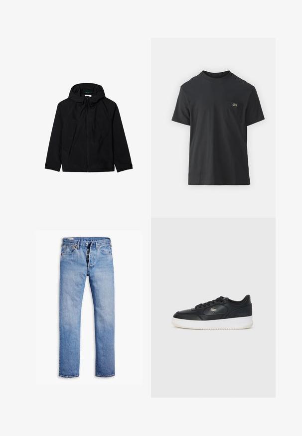 Chaqueta ligera negra con capucha, cremallera frontal, dos bolsillos frontales con solapa y un logo en el lado izquierdo. Textura suave.; Camiseta de algodón negra de manga corta, con cuello redondo y un pequeño logotipo verde en el bolsillo izquierdo del pecho. Diseño simple, ajuste regular.; Jeans de mezclilla azul claro con corte recto, cierre de cinco botones, pasadores para cinturón y un desvanecimiento sutil. Tiene dos bolsillos frontales y remaches de cobre.; Zapatilla de cuero negra con suela blanca, con puntera redondeada, diseño de cordones y un logo sutil en el lateral. Acentos en la parte superior texturizada.