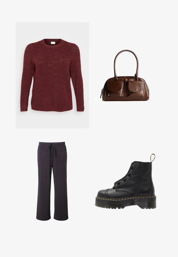 Schwarzer Plüschmantel mit braunem Wildlederkragen, Knopfverschluss und strukturiertem Außenstoff. Die Ärmel und der Saum sind leicht oversized.; Burgunderfarbener Strickpullover mit langen Ärmeln, Rundhalsausschnitt und offenem Gewebe, das dezente Musterdetails aufweist.; Gestreifte Schlafanzughosen in Dunkelblau und Braun; elastischer Bund mit verstellbarem Kordelzug; weit geschnittenes Design; weicher Stoff mit glatter Textur.; Schwarze Leder-Ankle-Boots mit strukturierten Oberflächen, runder Zehenpartie, Schnürdesign, gelben Nähten und einer dicken, gerippten schwarzen Plateausohle.; Braune Lederhandtasche mit zwei Vorderklappen, abgerundeten Griffen und einem Reißverschluss an der Seite vor einem weißen Hintergrund.
