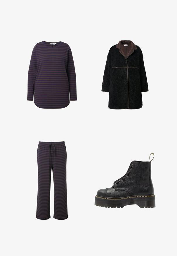 Sort plysjakke med en brun ruskindskrave, knaplukning og struktureret yderstof. ærmer og kant er lidt oversized.; Langærmet skjorte med marineblå og brune vandrette striber, rund halsudskæring og en afslappet pasform med en buet kant. Blød stofstruktur.; Stribede pyjamasbukser i mørkeblå og brun; elastisk talje med justerbar snøre; bred bendesign; blødt stof med en glat tekstur.; Sorte læder ankelstøvler med tekstureret overflade, rund tå, snørebåndsdesign, gule stikninger og en tyk, rillet sort platformsål.