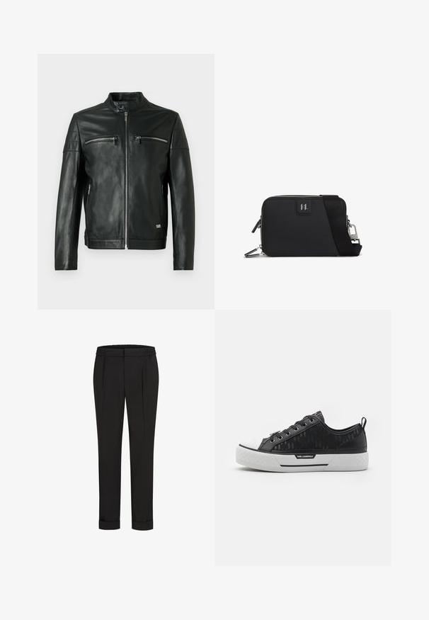 Musta nahkatakki, jossa on pystykorkki, kaksi vetoketjulla varustettua rintataskua ja sauman yksityiskohdat olkapäillä. Sileä tekstuuri ja istuva muotoilu.; Musta puuvillapaita lyhyillä hihoilla, pyöreä pääntie ja pieni valkoinen sydänkuvio vasemmassa rinnassa.; Mustat housut, joissa on joustava vyötärö, suoran lahkeiden muotoilu ja käännetyt hihnat. Valmistettu sileästä, kudotusta kankaasta ilman kuvioita.; Musta matala sneaker, jossa on kuvioitu kangas päällinen, valkoinen kuminen varvastuppi, tekstuuripohja ja logopainatus sivussa. Metalliset reiät nauhoille.; Musta suorakulmainen laukku, joka on valmistettu teksturoidusta materiaalista, varustettu vetoketju suljennalla, säädettävällä hihnalla ja logopatchilla edessä.
