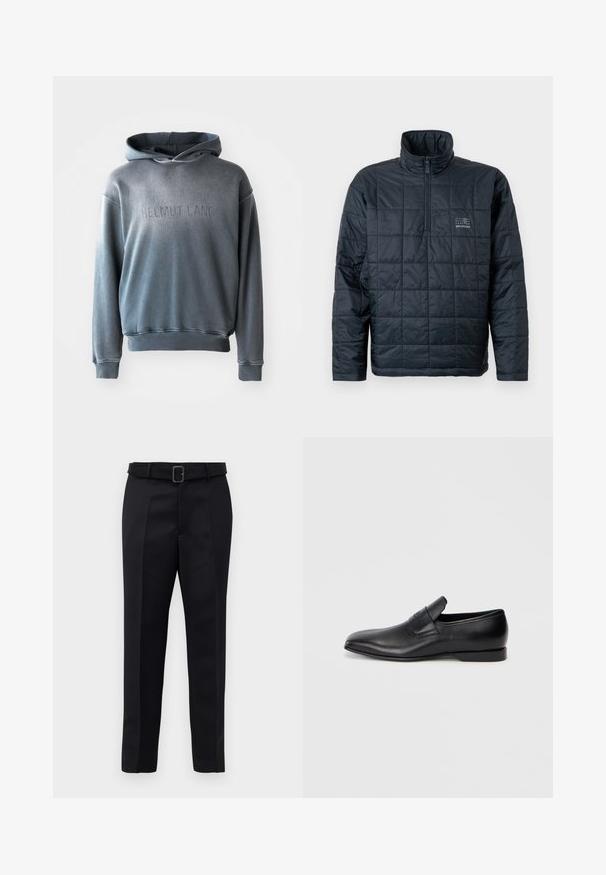 Padded pullover jacket in dark navy, featuring a high collar, quarter-zip front, and a small logo on the chest. Textured quilted design.; Gray hoodie in a soft fabric, featuring a kangaroo pocket, ribbed cuffs and hem, with "HELMUT LANG" embossed on the front.; Black tailored trousers feature a smooth fabric, straight cut, and a belted waist with a rectangular buckle. Notable front creases enhance the design.; Black leather slip-on shoe with a pointed toe, smooth texture, and subtle branding on the side. Low heel with a clean, minimal design.