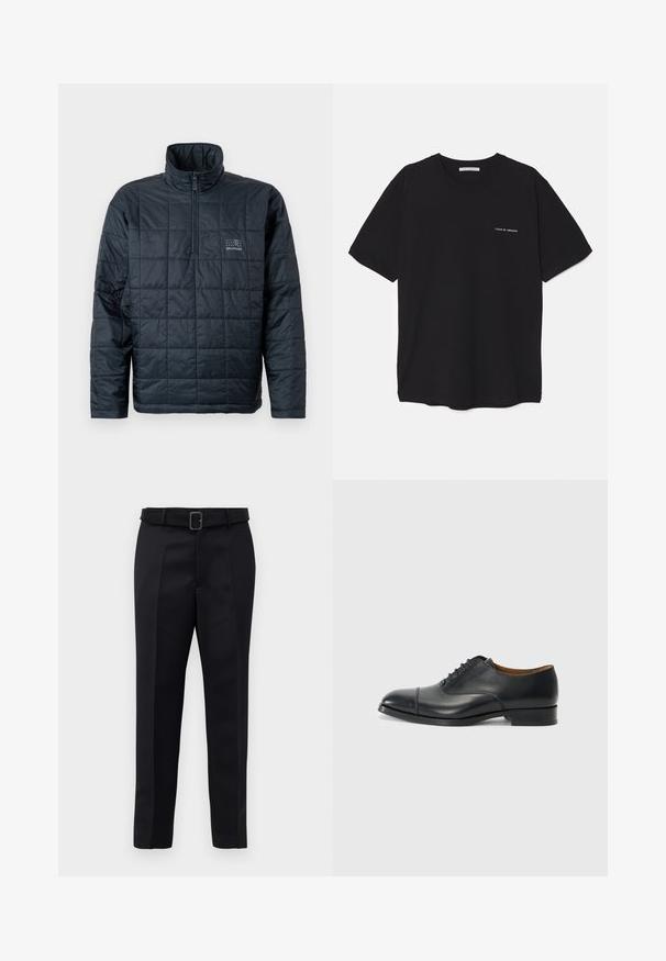 Fodrad huvtröja i mörkblå, med hög krage, kvartdragkedja framtill och en liten logo på bröstet. Texturerad vadderad design.; Svart bomull T-shirt med rund hals, korta ärmar och vit logotryck på vänster bröst. Enkel, enfärgad design.; Svarta skräddarsydda byxor har en slät väv, rak passform och en bälte med en rektangulär spänne. Framstående veck framhäver designen.; Svart läderklänning sko med en slät yta, rund tå, fem öglor för snören och låg klack. Minimalistisk design med subtila sömmar.