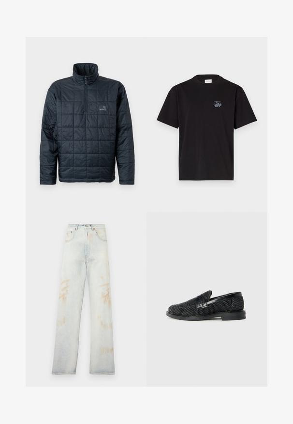 Padded pullover jacket in dark navy, featuring a high collar, quarter-zip front, and a small logo on the chest. Textured quilted design.; Black cotton t-shirt with a crew neck and short sleeves. Features a small blue logo on the left chest. Simple, straight-cut design.; Light blue denim jeans with a high waist, wide leg, and minor faded patches. Features traditional five-pocket design and metal hardware.; Black woven slip-on shoe with a smooth leather accent on the upper, a round toe design, and a low-profile rubber sole.
