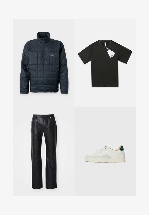 Giacca a pullover imbottita in blu scuro, caratterizzata da un alto colletto, chiusura a zip quarti e un piccolo logo sul petto. Design trapuntato testurizzato.; Maglietta a maniche corte nera in cotone con scollatura rotonda e etichette bianche attaccate al colletto su uno sfondo bianco semplice.; Pantaloni neri in materiale testurizzato con un motivo sottile. Design a gamba dritta con cinque tasche e dettagli in metallo.; Sneaker bianco con accenti in camoscio, punta rotonda, lacci piatti e suola in gomma crema. Presenta un marchio verde sul tallone.